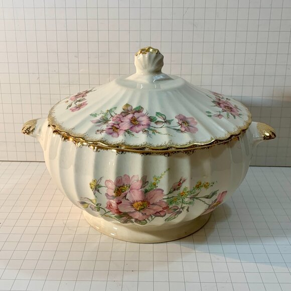 American Limoges Covered Dish Wild Rose 22K Gold Trim Vegetable Tureen 1930s VTG - Picture 2 of 11